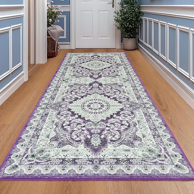 Foxmas Hallway Runner Rug, 2x6 Vintage Kitchen Runner Area Rugs Non Skid Washable, Low Pile Throw Rugs with Rubber Backing Carpet for Laundry Room Entryway Bedroom Home Decor, Purple