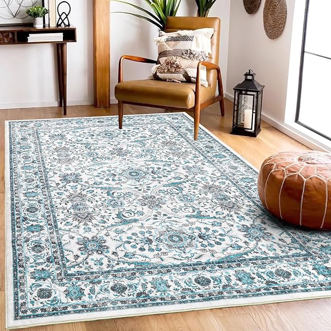 3x5 Area Rugs Washable Boho Rug, Non Slip Carpet for Living Room, Boho Vintage Design Rug, Foldable Soft Low-Pile Rug, Blue/Floral