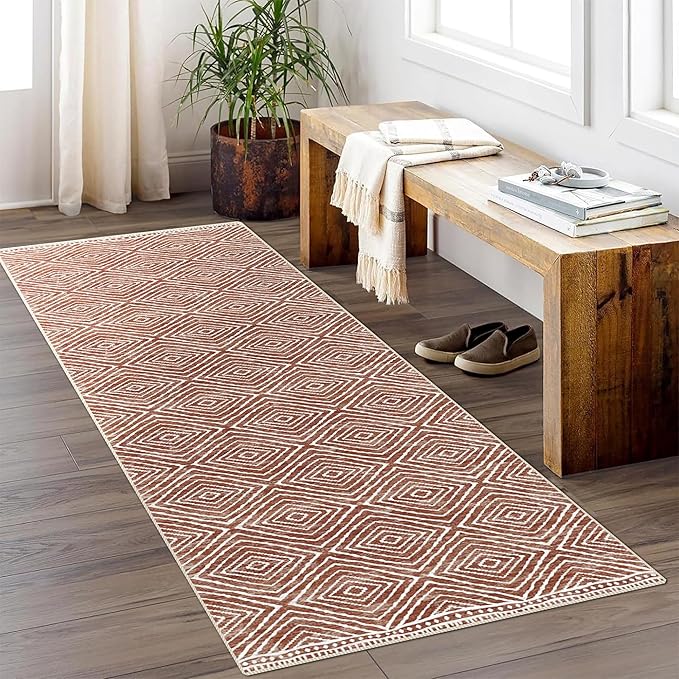 vivorug Washable Rug, Ultra Soft Runner Rug 2x10, Non Slip Floor Carpet, Runners for Hallway Living Room Indoor, Moroccan Western Style (Brown, 2'x10')