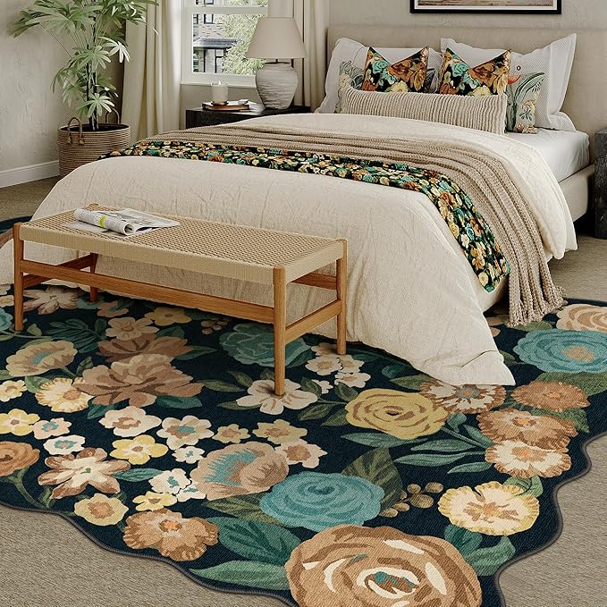 Washable Floral Area Rug 5x7 Black Living Room Carpet Scalloped Flower Non Slip Soft Bedroom Rug Farmhouse Low Pile Thin Indoor Floor Cover for Office Dining Room Kitchen Bathroom