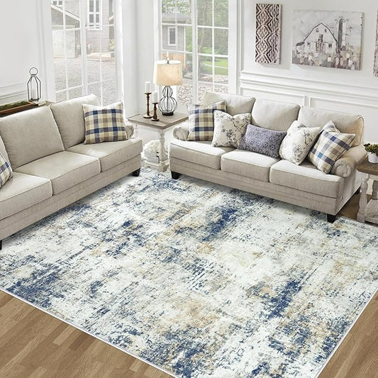 10x14 Area Rugs Living Room Rugs: Large Washable Rug with Anti-Slip Backing Non-Shedding Stain-Resistant Soft Abstract Carpet for Bedroom Dining Room Nursery Home Office Blue Brown