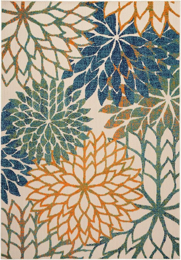Nourison Aloha Indoor Outdoor Blue Green 5'3" x 7'5" Area Rug, Easy Cleaning, Non Shedding, Bed Room, Living Room, Dining Room, Backyard, Deck, Patio (5x7)