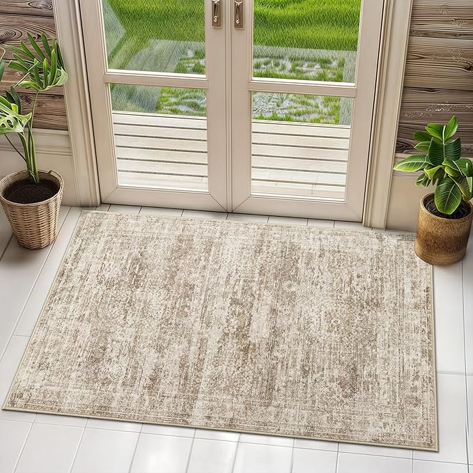 2x3 Washable Rugs for Kitchen, Floor, Entryway, Powder Room Small Area Rug Non-Slip Vintage Low Pile Throw Door Mat Brown