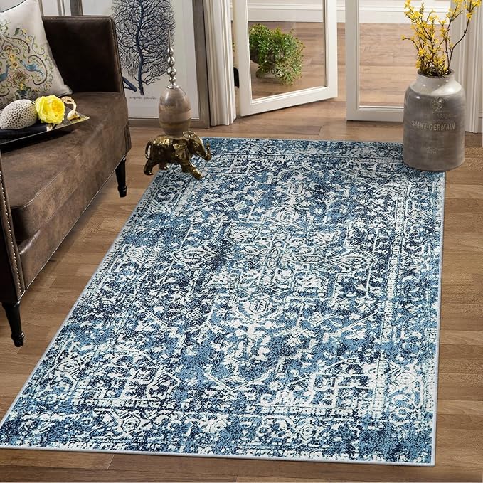 Morebes Boho 4x6 Rug for Living Room, Stain Resistant Washable Area Rug for Bedroom Non Slip Entryway Rug, Vintage Medallion Low Pile Soft Carpet for Bathroom Kitchen Dining Room, Deep Blue