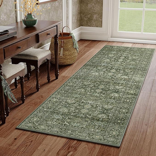 Green Runner Rug 3x8 Vintage Area Carpet Hallway Long Indoor Kitchen Washable Living Room Low Pile Traditional Distressed Retro Accent Throw Rug Non Slip Laundry Bathroom Office Dining Room