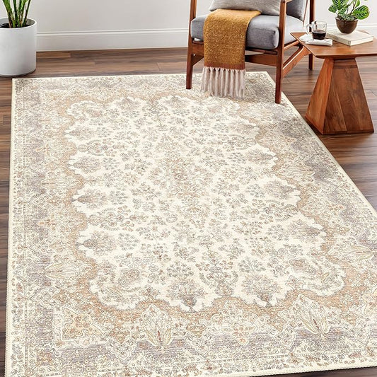 Boho Rug 3x5 Area Rugs, Washable Vintage Rug for Bedroom Living Room Kitchen Office Laundry Room, Non Slip Small Soft Rugs Retro Distressed Floor Carpet, Beige