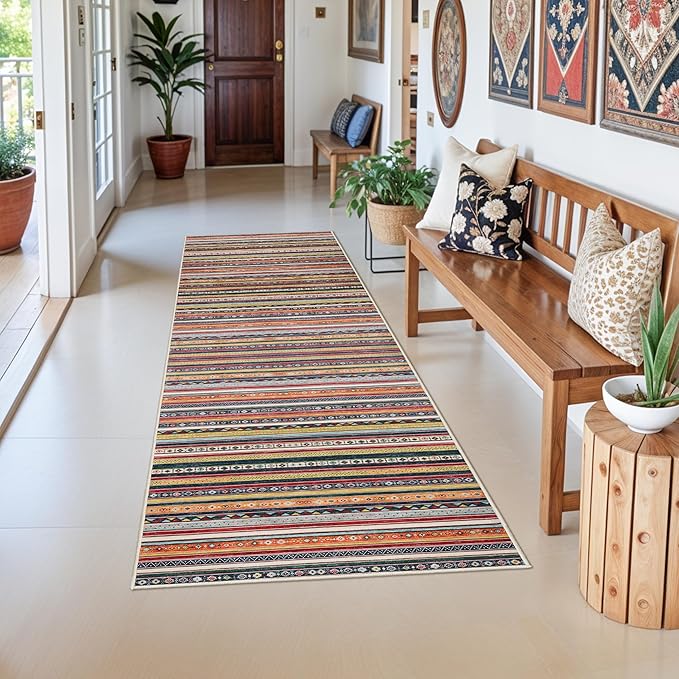 4x8 Rug Washable Indoor: Non-Slip Southwestern Striped Carpet for Kitchen Hallway Entry - Farmhouse Low Pile Stain Resistant Long Thin Front Door Mat 4x8 Red/Blue/Multi