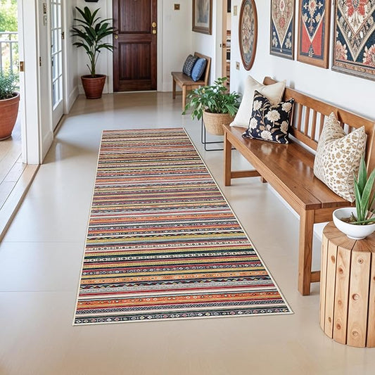 4x8 Rug Washable Indoor: Non-Slip Southwestern Striped Carpet for Kitchen Hallway Entry - Farmhouse Low Pile Stain Resistant Long Thin Front Door Mat 4x8 Red/Blue/Multi