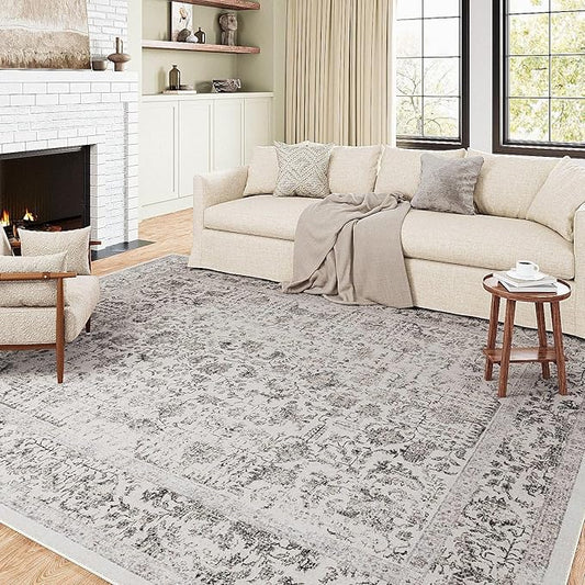 Black Area Rug 6x9 Machine Washable Vintage Living Room Distressed Non Slip Carpet Traditional Indoor Bedroom Retro Floral Accent Throw Large Rug for Office Kitchen Dining Room