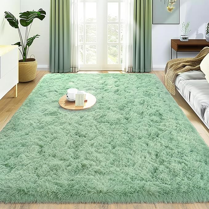 Ultra Fluffy Area Rugs for Living Room Bedroom, 6x9 Fuzzy Large Living Room Rugs, Thick Shag Rug for Dorm, Soft Non Slip Kids Girls Boys Rug for Home Decor Aesthetic, Sage Green