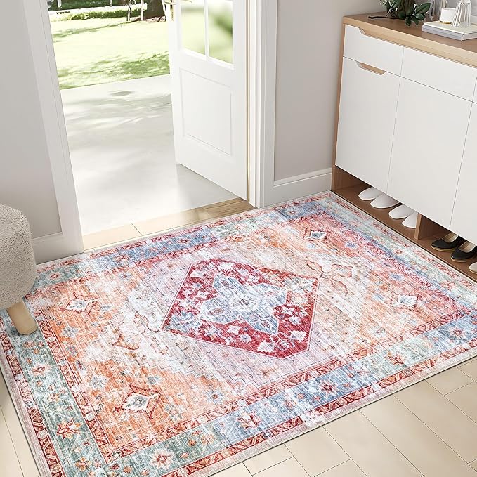 2x3 Rug Entryway Rugs: Washable Boho Vintage Small Rug Indoor Medallion Soft Non Slip Ultra Thin Non-Shedding Front Door Mat for Kitchen Bathroom Bedroom (Peach 2'x3')