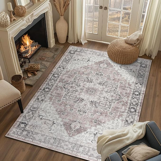 jinchan Area Rug 4x6 Entryway Washable Rug Soft Thin Vintage Low Pile Non Slip Distressed Carpet Indoor Doormat Oriental Medallion Rug for Bedside Bathroom Bedroom Laundry Room Dining Room Grey Multi