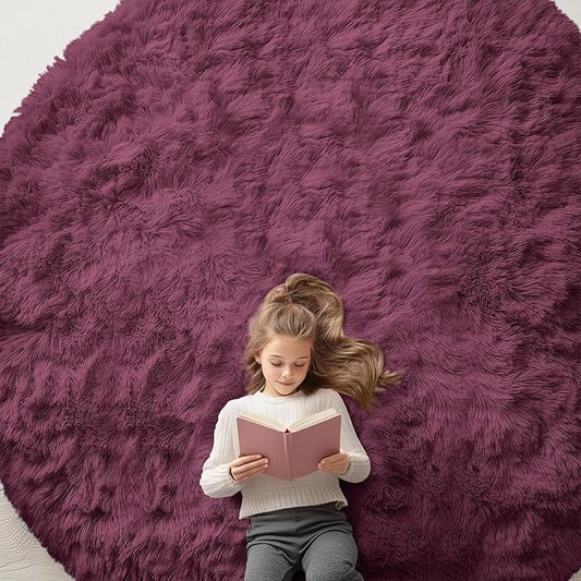 OLANLY Burgundy Round Rugs for Bedroom - Machine Washable, 9x9 Feet Circle Area Rugs for Living Room, Soft and Fluffy Shaggy Carpet for Teen Girls and Boys, Dorms, Nursery Rooms, Home Decor Aesthetic