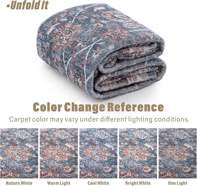 Carvapet Floral Rugs for Living Room Bedroom, Vintage Dark Blue Low Pile Large Carpet with Rubber Backing, Foldable, Non Slip Machine Washable (9 x 6 Feet Rectangular, Dark Blue Area Rug)