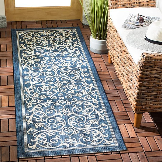 SAFAVIEH Courtyard Collection CY2098 Scroll Indoor/ Outdoor Non-Shedding Easy Cleaning Patio Backyard Porch Deck Mudroom Runner, 2'3" x 6'7" , Navy / Beige