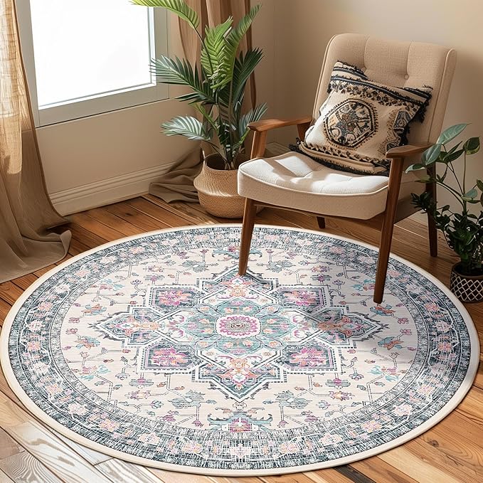 BESTSWEETIE 6ft Area Rugs for Living Room, Washable Ultra Soft Boho Vintage Print Pattern Rug Non Slip Low Pile Carpet for Dining Room Bedroom Entryway Indoor-Multi/Blue/Beige/Pink
