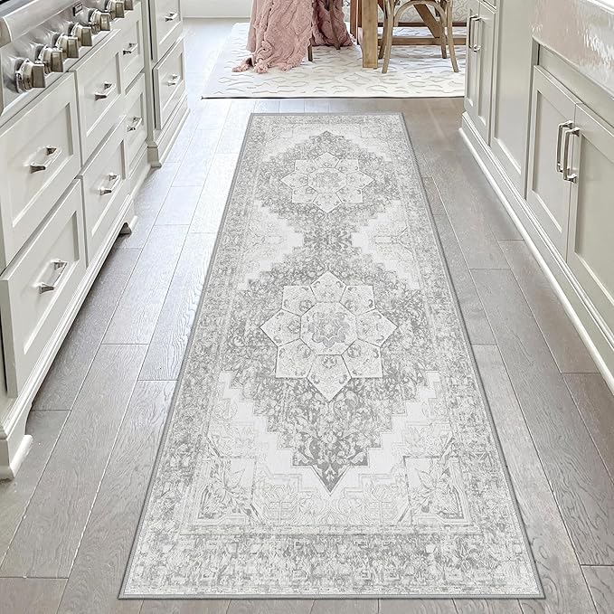 Washable Runner - 2x6 Boho Hallway Rug, Non Slip Kitchen Runner, Soft Vintage, Oriental Distressed, Low-Pile Floor Carpet for Laundry, Indoor Entrance, Bathroom, Grey