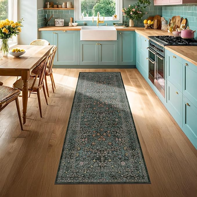 Dark Green 2x7 Long Washable Runner Rug Non Slip, Throw Rugs Runners for Kitchen Hallways Entryway Bathroom Laundry Room, Floor Mat Vintage Floral Carpet Low Pile Stain Resistant