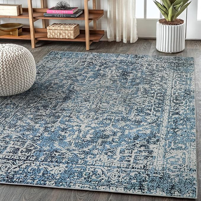 Morebes Vintage Blue 5x7 Rugs for Living Room, Washable Large Bedroom Area Rug with Non Slip Rubber Backed, Stain Resistant Low Pile Soft Indoor Carpet for Dining Room Office Kitchen