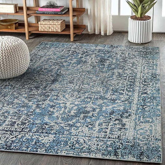 Morebes Vintage Blue 5x7 Rugs for Living Room, Washable Large Bedroom Area Rug with Non Slip Rubber Backed, Stain Resistant Low Pile Soft Indoor Carpet for Dining Room Office Kitchen