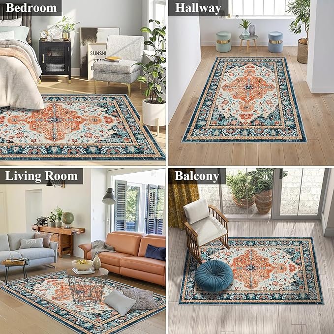U'Artlines Boho Vintage Area Rug 3x5 Machine Washable Low Pile Soft Floor Carpet Non Slip Non Shedding Accent Rug for Living Room Bedroom Entryway Dining Room Office Orange/Multi