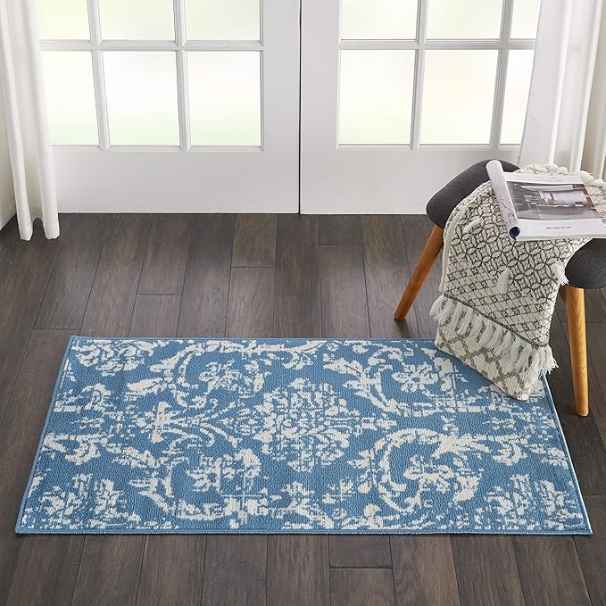 Nourison Jubilant Damask Blue 2' x 4' Area-Rug, Easy-Cleaning, Non Shedding, Bed Room, Living Room, Dining Room, Kitchen (2x4)