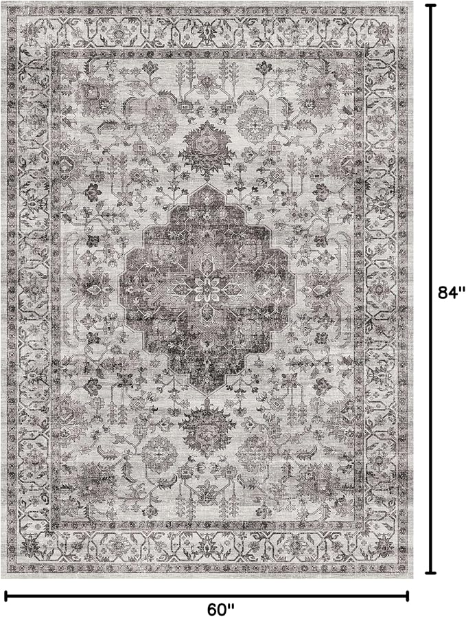 Dripex 5x7 Area Rugs, Machine Washable Non Slip Distressed Boho Rugs, No Pile Lightweight Vintage Rug, Floor Carpet for Living Room,Dining Room,Bedroom and Office,Grey