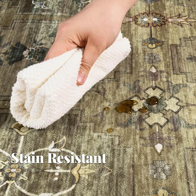 4x6 Area Rug for Bedroom Machine Washable, Non Slip Vintage Floral Kitchen Rugs for Dining Room, Low Pile Indoor Floor Print Carpet for Nursery Farmhouse Home Office Olive/Charcoal
