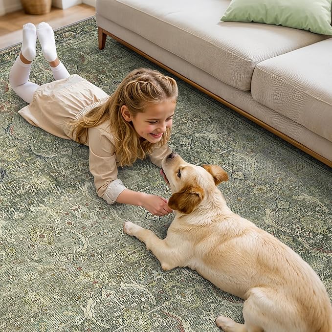 10X12 Area Rugs Machine Washable Rugs for Living Room, Vintage Boho Large Rugs for Bedroom Dining Room, Non Slip Indoor Soft Distressed Lightweight Thin Low Pile Carpet, Green