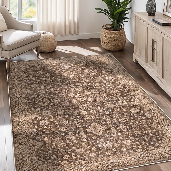 Vintage Washable Area Rug for Living Room,Low Pile 6x9 Non Slip Carpet Non-Shedding Area Rug Soft Indoor Stain Resistant Rug Floral Print Mat for Bedroom Dining Room Brown