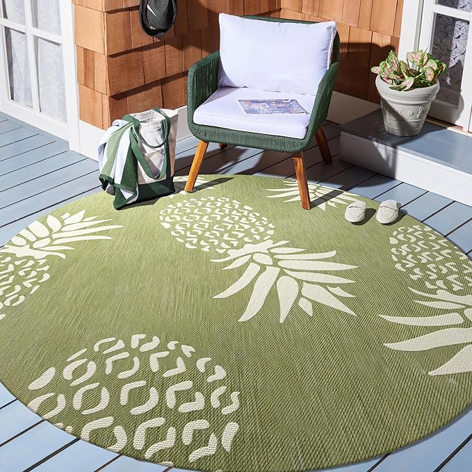 LR Home 5ft Round Indoor/Outdoor Area Rug for Home Decor | Coastal Pineapples Large Size Carpet for Living Room, Bedroom, Playroom, Patio, Garden | Tropical Farmhouse Rug | Dark Green/Beige
