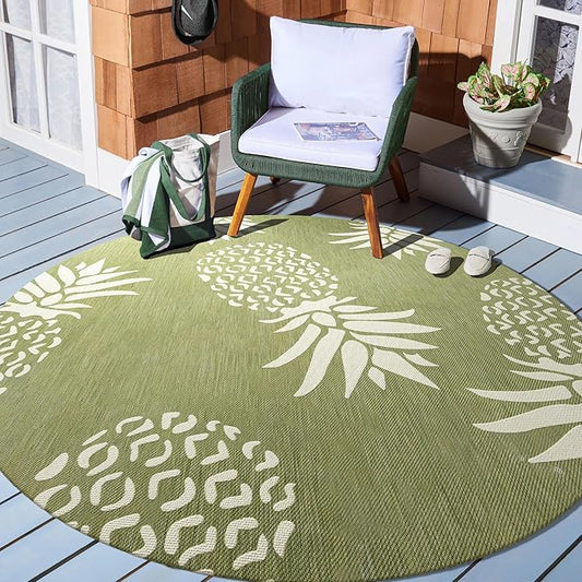 LR Home 5ft Round Indoor/Outdoor Area Rug for Home Decor | Coastal Pineapples Large Size Carpet for Living Room, Bedroom, Playroom, Patio, Garden | Tropical Farmhouse Rug | Dark Green/Beige