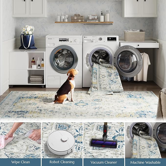 jinchan Runner Rug 2x5 Hallway Rug Kitchen Washable Runner Vintage Mat Retro Print Lightweight Non-Slip Accent Floor Cover Distressed Thin Carpet for Entryway Bathroom Bedroom Laundry Room Light Blue