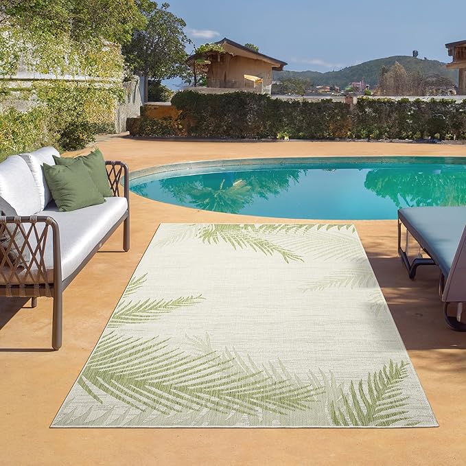 LR Home 8 x 10 Indoor/Outdoor Area Rug for Home Decor | Coastal Palm Leaf large size carpet for living room, bedroom, playroom, patio, garden | Modern farmhouse rug | Green/Beige