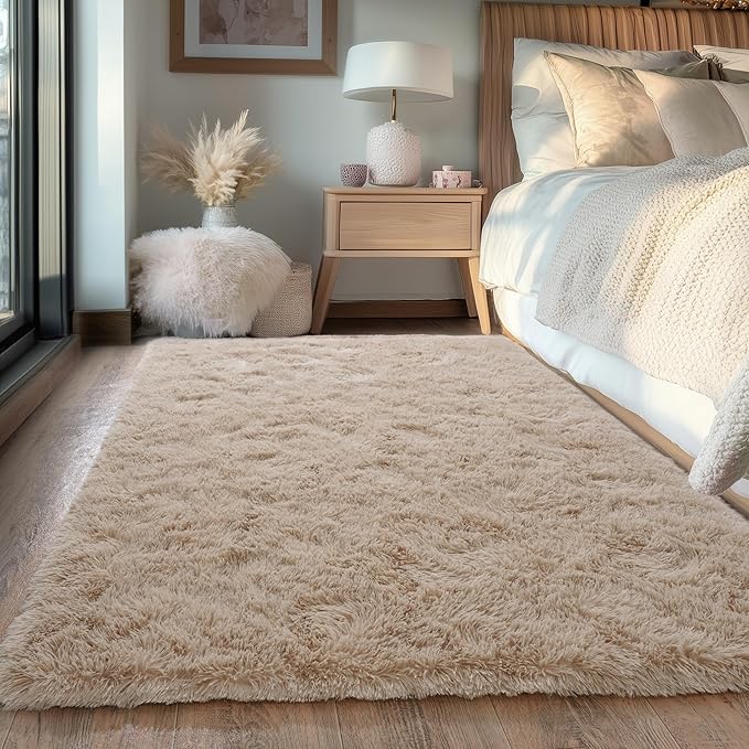 Beige Fluffy Rug for Bedroom 6x9 ft - Ultra Soft & Non Slip Shaggy Area Rug, Comfy Durable Carpet for Living Room Kids Room Teens Dorm Home Decor, 1.7'' Thick Indoor Plush Carpets