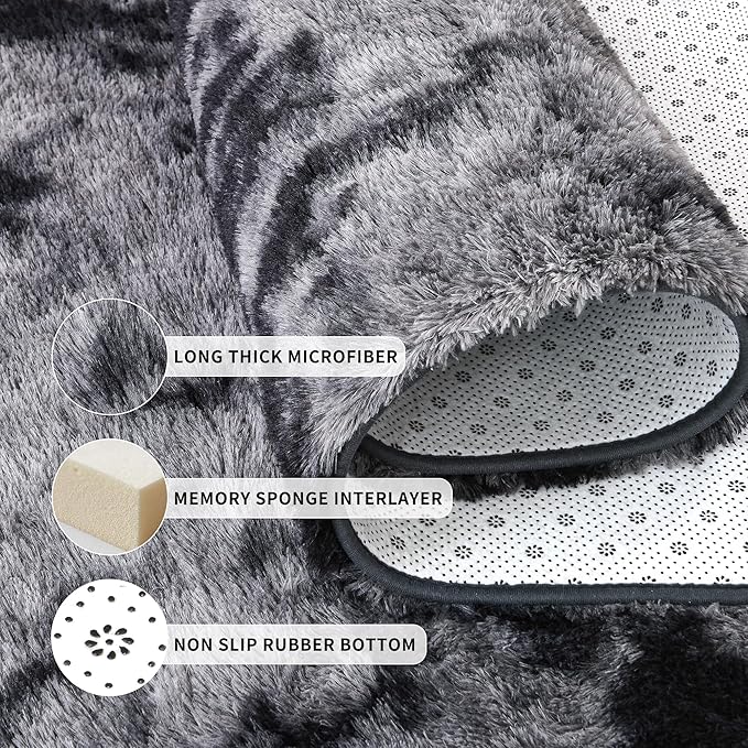Tepook Fluffy Runner Rugs for Bedroom Aesthetic 2x6 Feet, Shag Soft Bedside Rug with Non-Slip Bottom, Fuzzy Plush Carpet for Room, Hallway Rug for Nursery Dorm Indoor Home Decor, Tie-dye Dark Grey