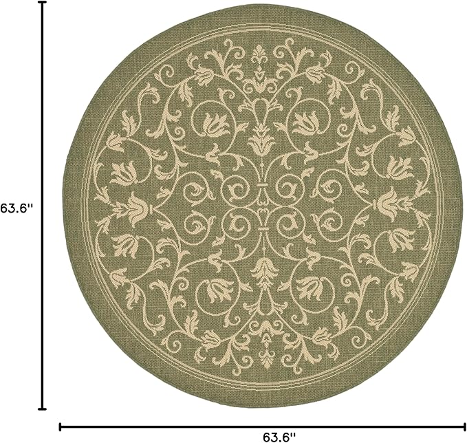 SAFAVIEH Courtyard Collection Area Rug - 5'3" Round, Natural & Olive, Scroll Design, Non-Shedding & Easy Care, Indoor/Outdoor & Washable-Ideal for Patio, Backyard, Mudroom (CY2098-1E01)