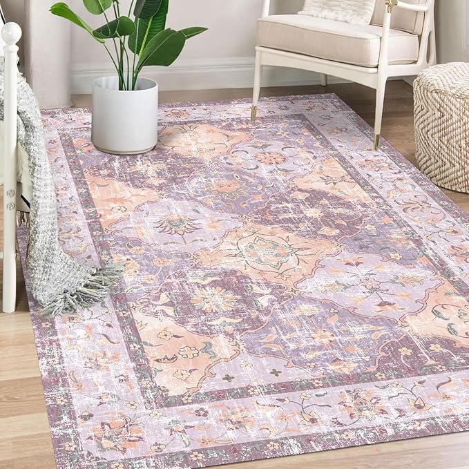 Washable Boho Vintage Area Rugs 5×7 Non-Slip Traditional Mauve Purple Carpet for Nursery Living Room Bedroom Dining Room Girls' Room