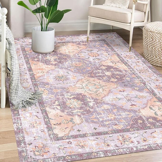 Washable Boho Vintage Area Rugs 5×7 Non-Slip Traditional Mauve Purple Carpet for Nursery Living Room Bedroom Dining Room Girls' Room