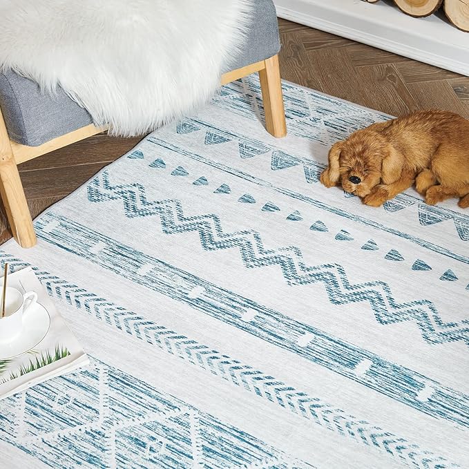 jinchan Area Rug 2x3 Moroccan Entryway Ultra-Thin Door Mat Washable Boho Geometric Rug Non-Slip Carpet for Bathroom Bedroom Laundry Room Blue