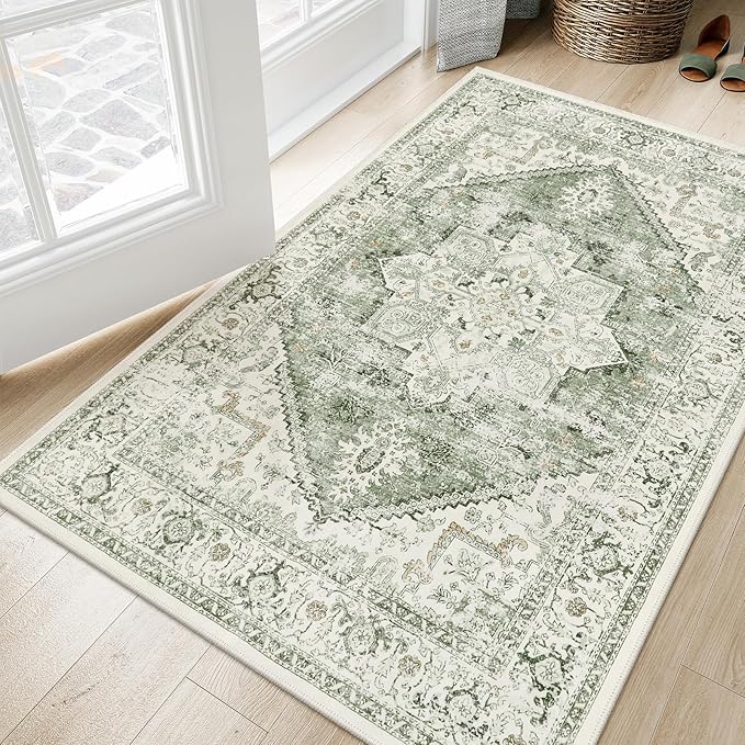 LIVEBOX Washable Area Rug 3x5 - Vintage Tribal Non-Slip Indoor Rug for Kitchen Entryway, Low-Pile Front Door Mat Print Distressed Accent Throw Rug for Bedroom Entry Foyer Laundry Room, Sage