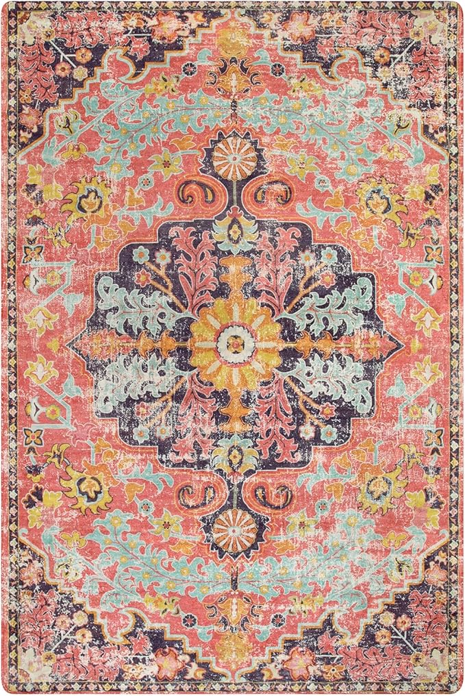 Lahome Bohemian Floral Medallion Area Rug - 4x6 Hot Pink Entryway Rug Soft Laundry Room Mat, Non-Slip Machine Washable Nursery Accent Carpet for Dorm Department Kitchen Office, Fuchsia/Multi
