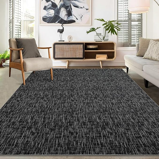 Washable Rug 10x13 for Living Room Modern Abstract Area Rug Non-Slip Large Contemporary Bedroom Rug Stain Resistant Aesthetic Accent Floor Carpet Foldable Solid Rug for Home Office, Black