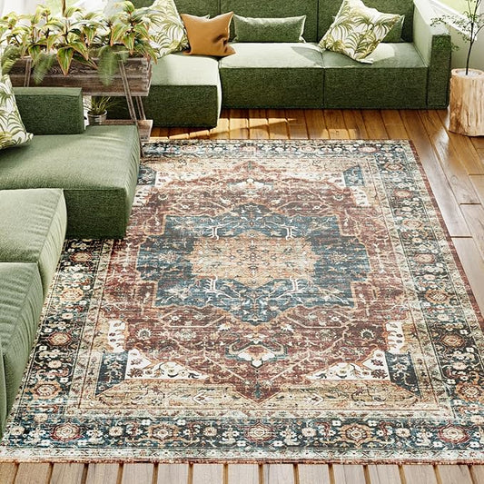Washable Rugs 4x6, Stain Resistant Lightweight Anti-Skid Rugs for Living Room, Distressed Vintage Boho Red Rug Floor Carpet Bedroom Dining Room Office