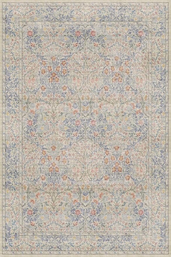 Washable Dining Room Rugs, 6x9 Area Rug for Living Room, Kids Room, Baby Nursery Rug - Low Pile Non-Slip Rugs - Oriental Vintage Design & Stain Resistance (6x9 Beige Blue)