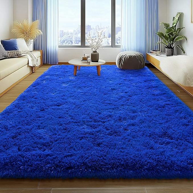 6x9 Fluffy Fuzzy Area Rug for Living Room Bedroom, Ultra Soft Large Living Room Rugs, Non Slip Thick Shag Rug for Dorm, Kids Girls Boys Rug for Home Decor Aesthetic, Bright Blue