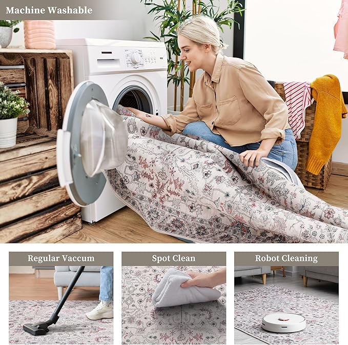 5x7 Rug, Washable Neutral Boho Modern Vintage Non Slip Floral Area Carpet, Low Pile Soft Rugs, Slip Resistance, Pet-Friendly, Durable Rug for Living Room, Bedroom, Kitchen, Dining Room
