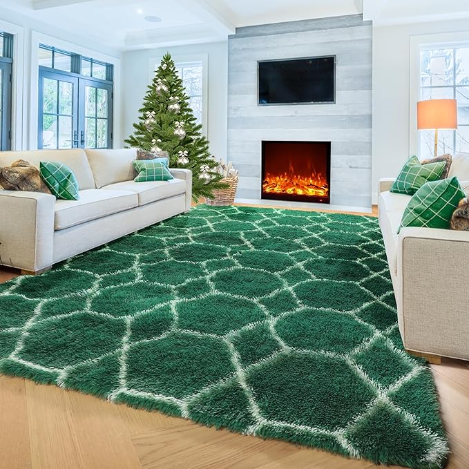 ONASAR Area Rugs 4x6 for Bedroom Living Room, Fluffy Geometric Moroccan Dark Green and White Trellis Rug for Home Decor, Soft Shaggy Plush Floor Carpet for Kids Teen Nursery Dorm Office