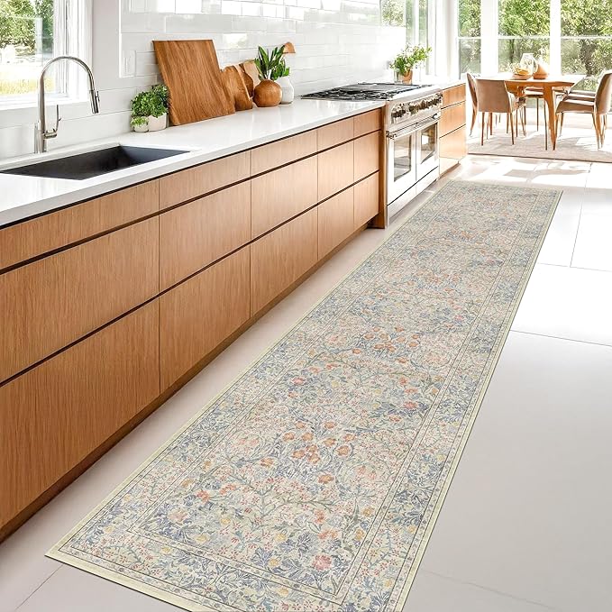 Washable Beige Blue 2x10 Runner Rug for Hallway Kitchen Entryway Laundry Room, Non-Slip Stain Resistant Long Floor Mat, Vintage Floral Aethestic Design (Beige Blue 2x10)