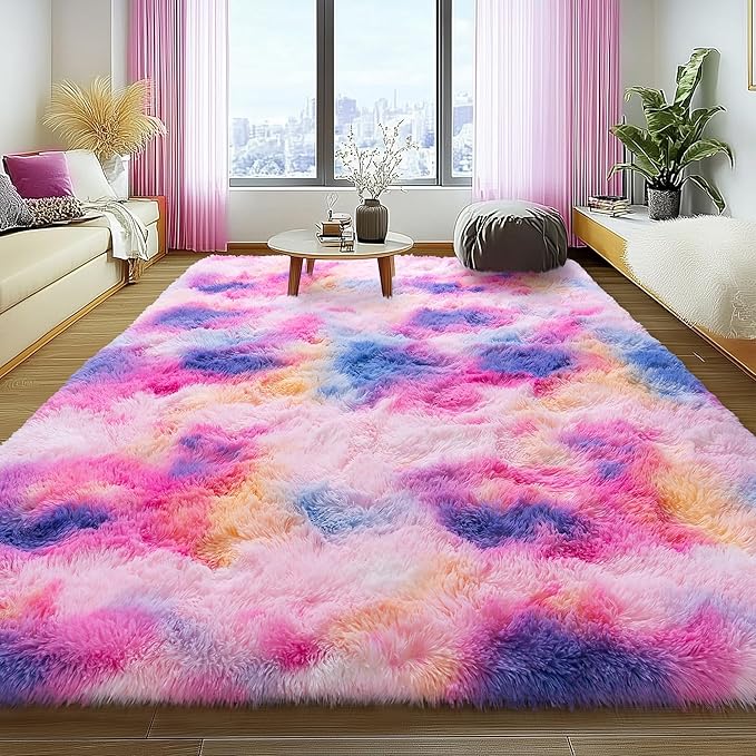 6x9 Fluffy Fuzzy Area Rug for Living Room Bedroom, Ultra Soft Large Living Room Rugs, Non Slip Thick Shag Rug for Dorm, Kids Girls Boys Rug for Home Decor Aesthetic, Dark Rainbow